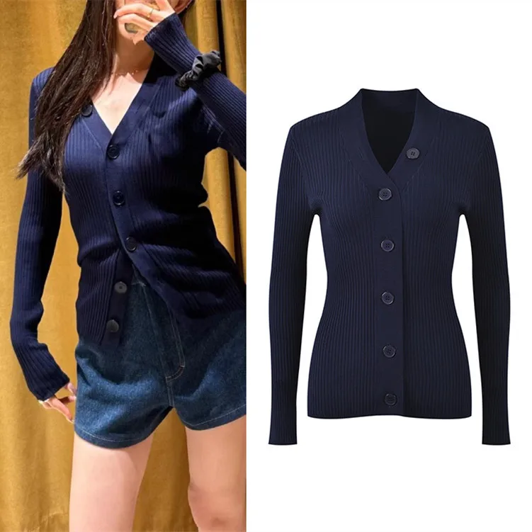 

Высококачественная версия, европейский вязаный свитер с V-Ne, женский облегающий базовый кардиган темно-синего цвета, длинный све