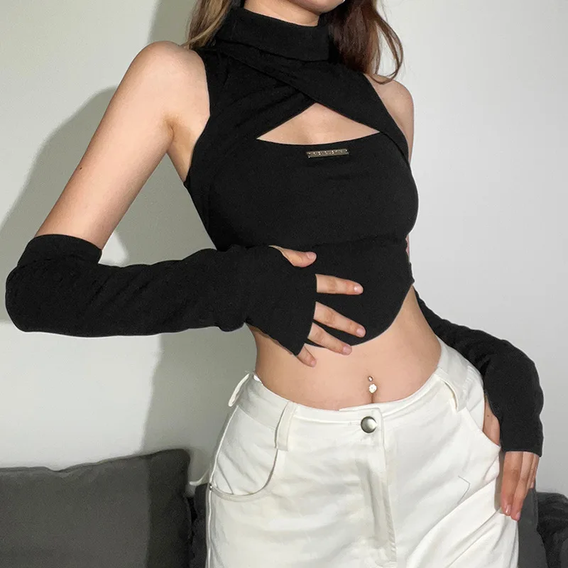 

2025 Autumn New Women's Fashion Solid Color High Neck Sleeveless Hollow Out Crop Top