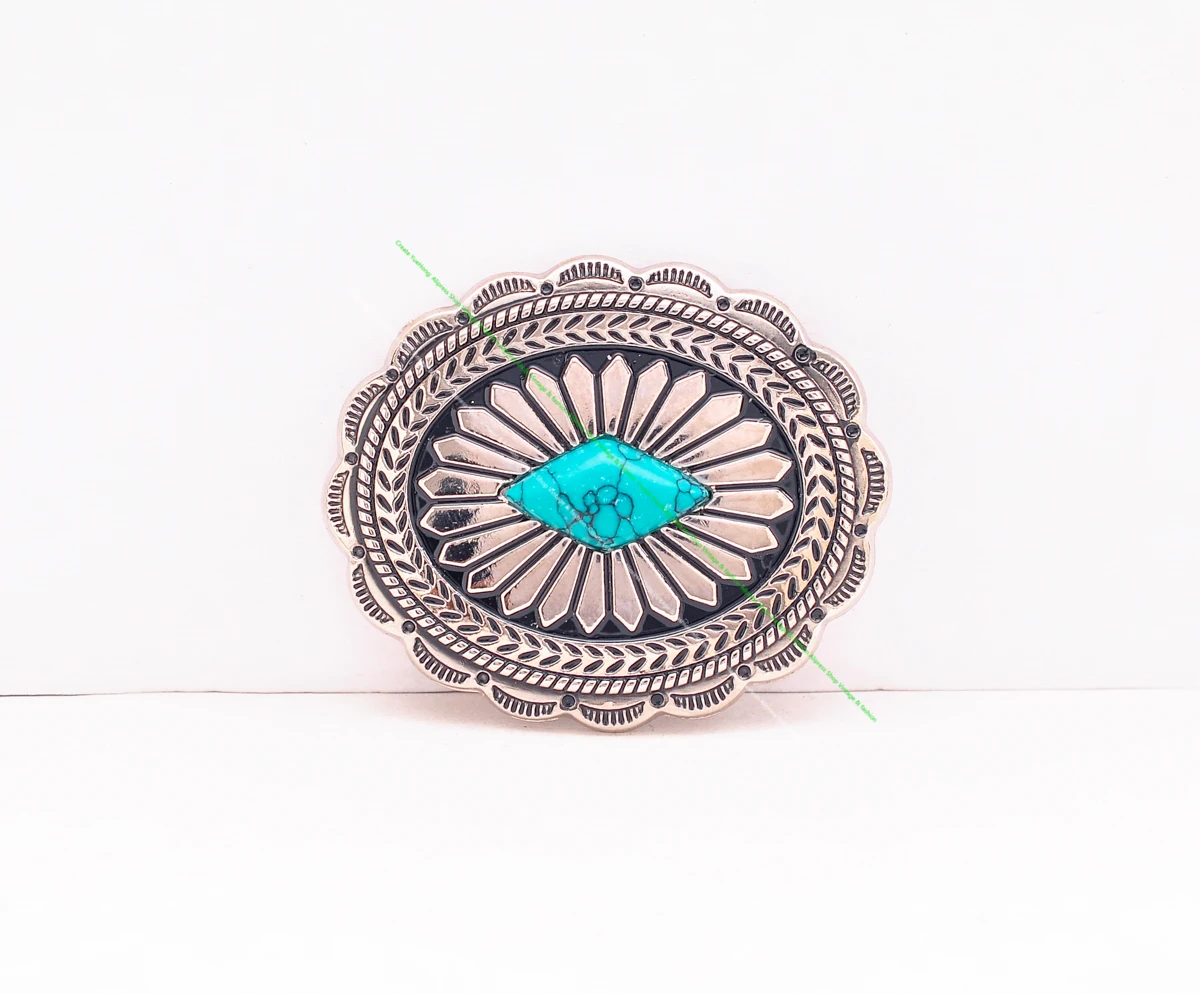 6Pcs Big Silver Tone Traditional Ethnic Sun Flower Turquoise Western Cowboy Belt Leathercraft Saddle Tack Concho Button Decor