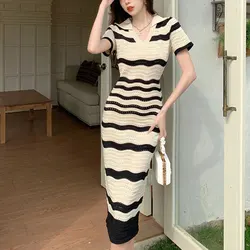 Korean Striped Hollow Out Knitted Dresses 2024 Summer Waist Bag Hip Women's Elegant V-Neck A-Line Casual Short Sleeve Midi Dress