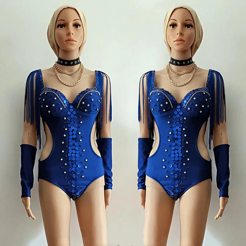 

Women Stage Costume Blue Fringe Hollow Out Bodysuit Singer Showgirl Performance Outfit Gogo Dance Clothes Rave Clothing VDL3782