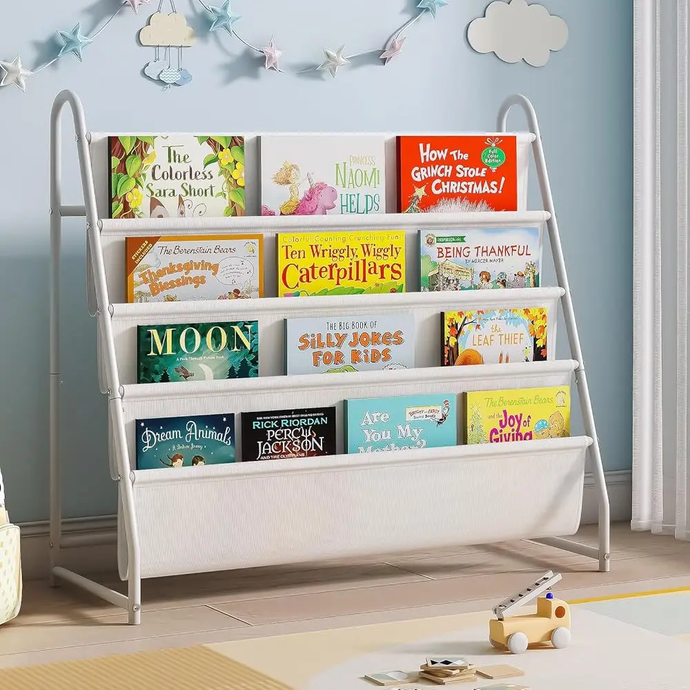 

Kids Bookshelf With 4 Tier Deep Sleeves, Children Montessori Bookshelf Sling Storage Book Rock, Toddler Front Facing Display