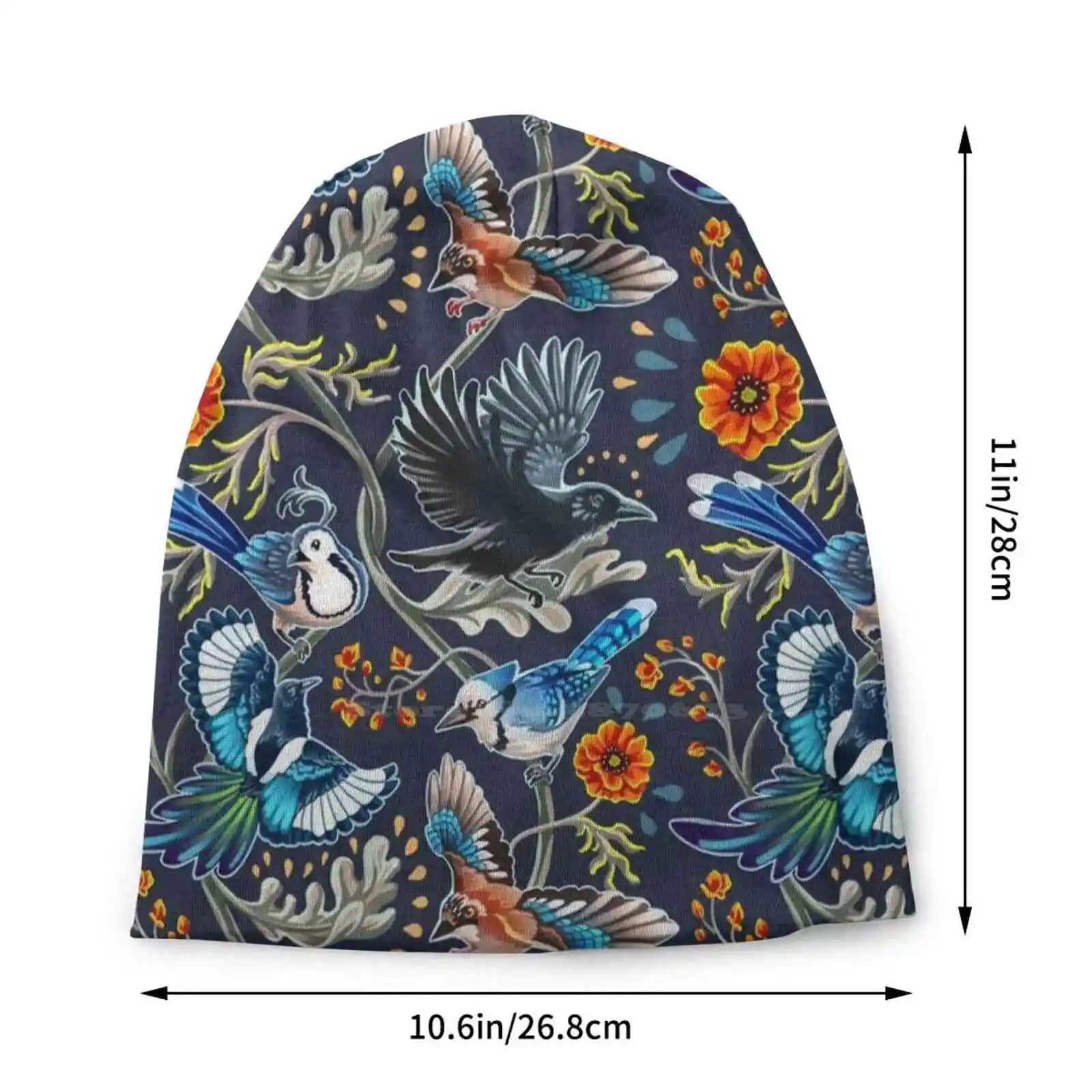 Not To Scale Knitted Hat Warm Beanie Outdoor Caps Bird Art Animal Flying Birds Crows Magpie Raven Bluejay Orange Poppy Poppies