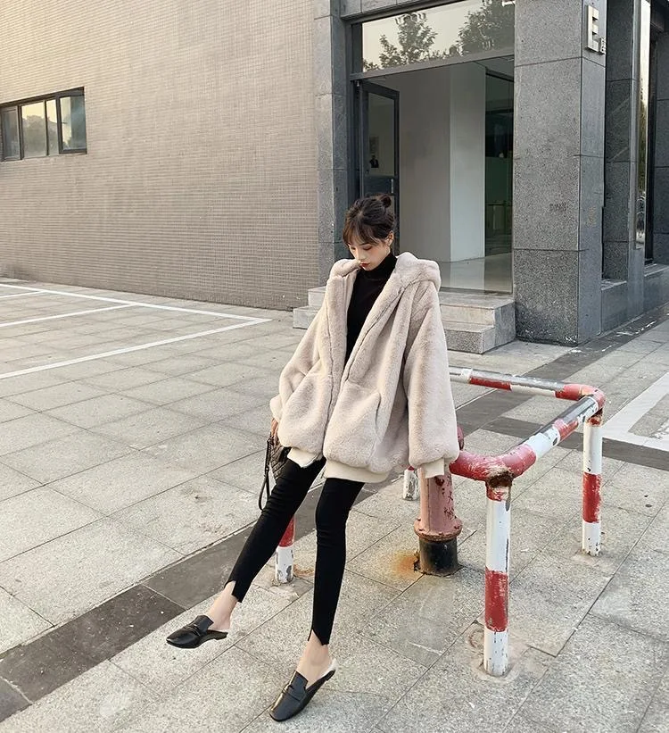 Women Faux Rabbit Fur Coats Solid Fur Jackets Pokcet Zipper Hooded Cotton Linen Long Sleeves Loose Fit Casual 2026 Autumn Winter
