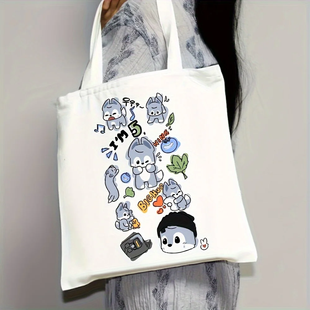 Kawaii Canvas Shoulder Bag, Cartoon Colorful Animal Print Handbag, Portable Anime Tote Bag Shopping Bag