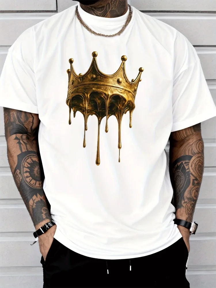 Matte Black Mens Loose Cotton Tshirt Shiny Drip Golden Crown Art Print Crew Neck Hip Hop Youth Summer Daily Short Sleeve Tee