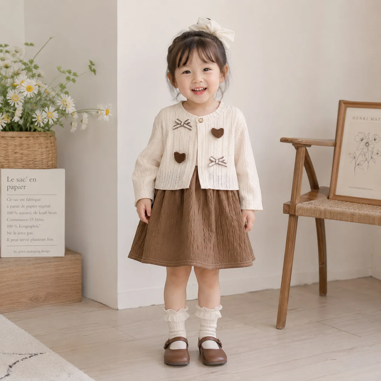 Kids Fake Two Piece Patchwork Dress Girls Heart Bow Long Sleeve Fall Little Girl Stylish Floral Skirt