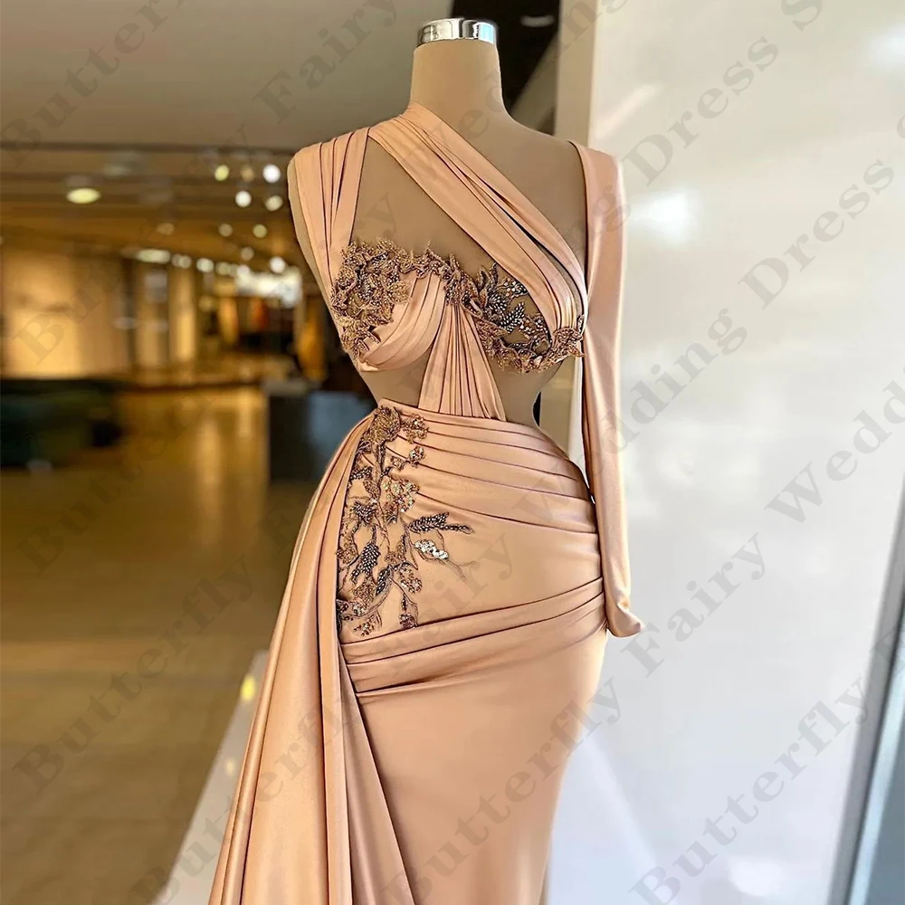 Elegant Fascinating Long Evening Dresses Gorgeous Satin Sweet Beautiful Off Shoulder Long Sleeves Slimming Mopping Prom Gowns