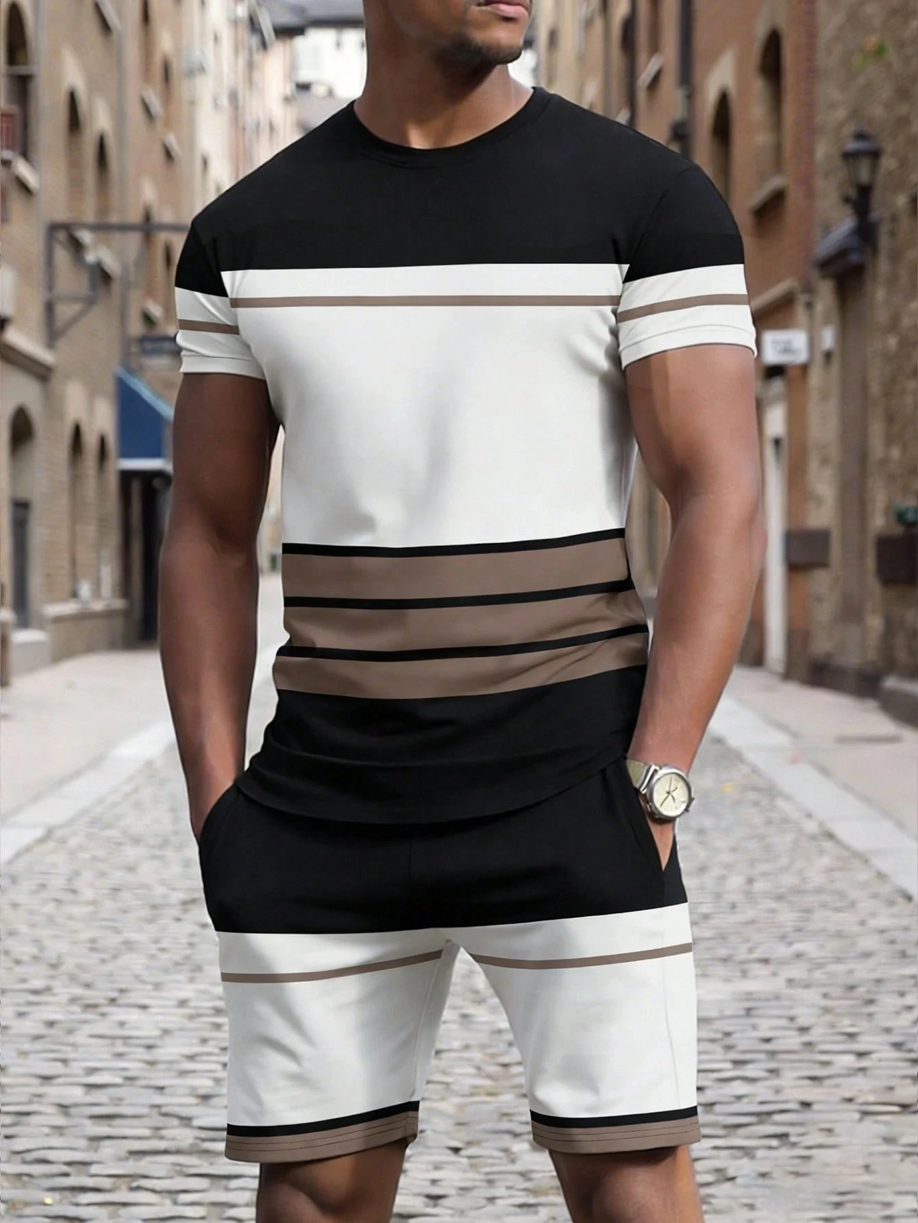 

2026 New Summer Men's Sportswear Men's Relaxed-Fit Fashion Set Striped T-Shirt and Shorts Set Mens Minimalist Outfit Combination