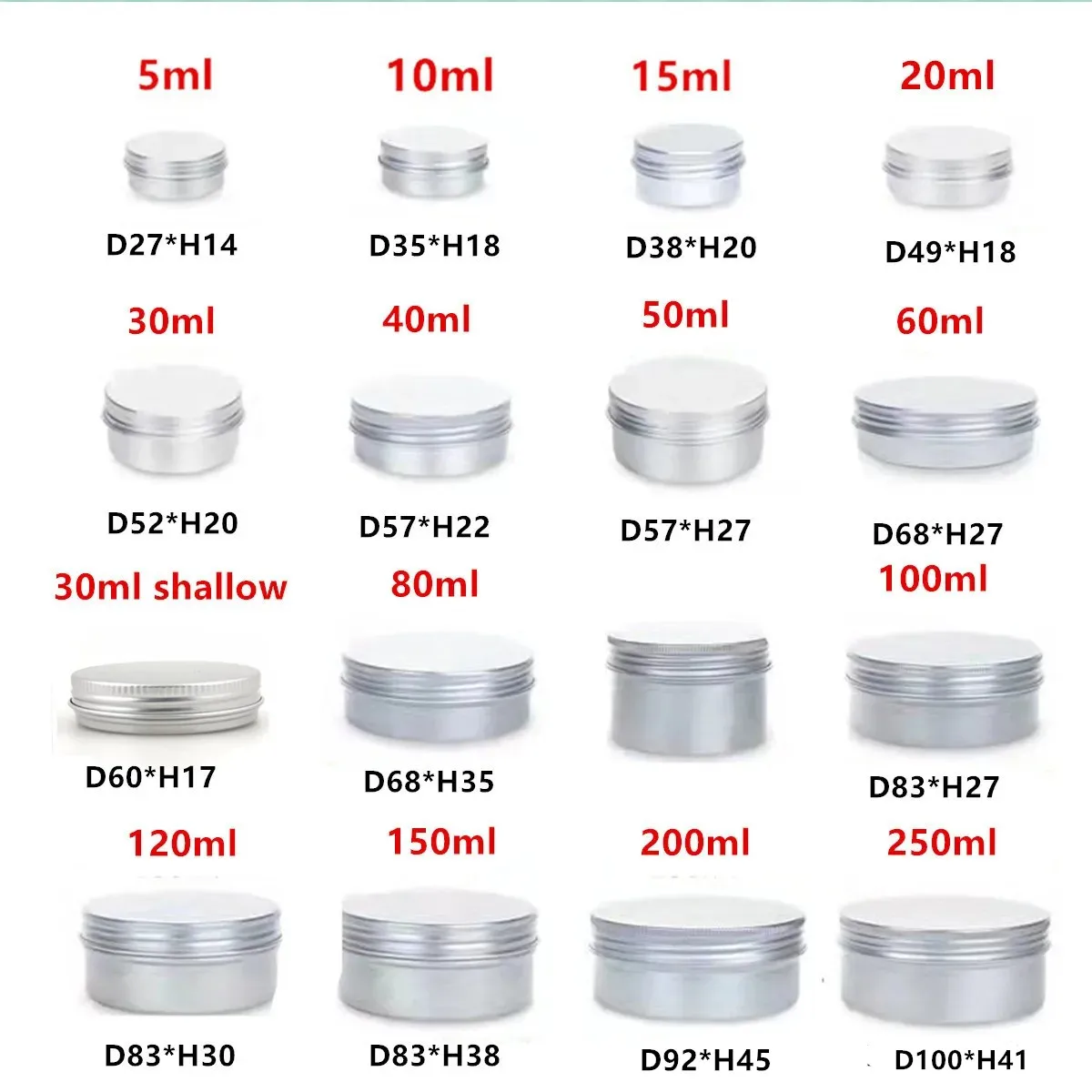 5g 10g 15ml 20g 30ml 40g 60g/2oz 80/100/120/150/200/250g aluminum tin bottle,comestic containers case  jar with screw thread lid