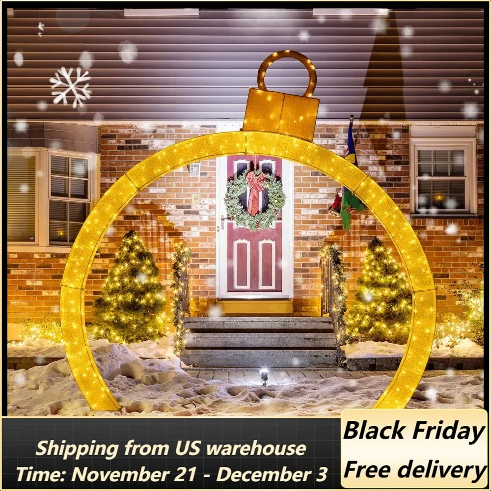 10.5 FT Outdoor Christmas Lighted Archway with Gold Ornament Cap, 300 Warm White LED Lights, Zip Ties & Stakes, Holiday