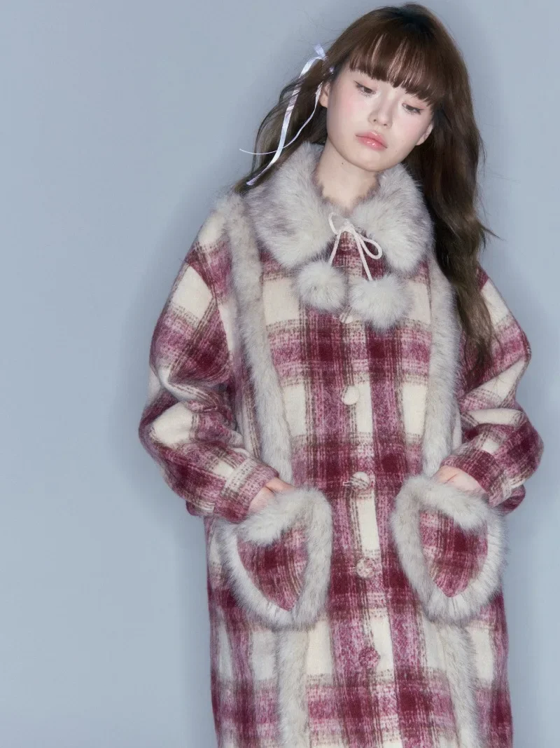 Japanese Style Fashion Design New Year Jacket Red Woolen Plaid Long Casual Coat 2023 Winter Warm Windbreaker Jaqueta Feminina