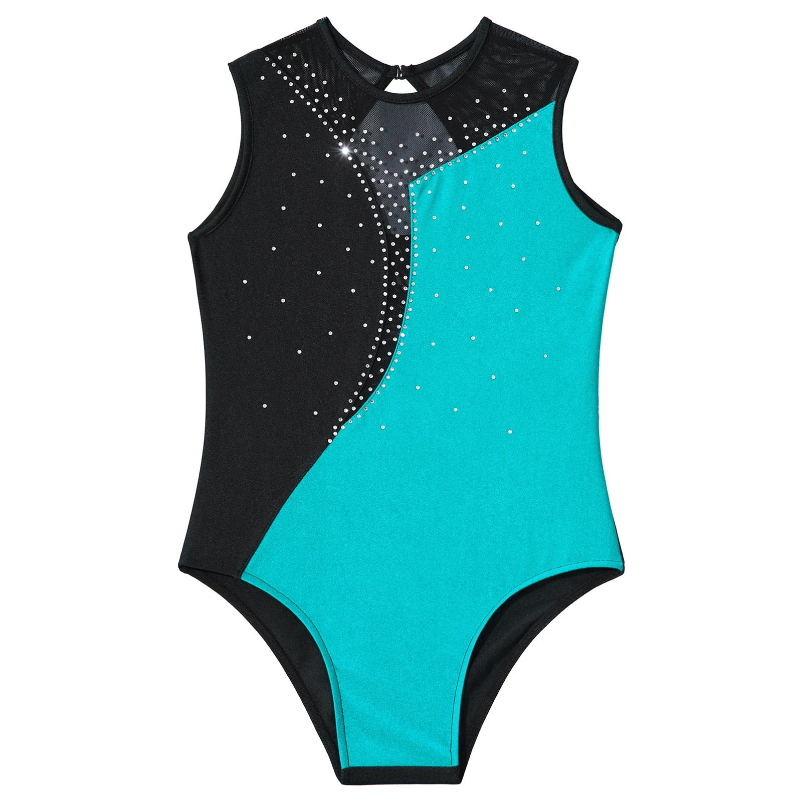 Kids Sleeveless Shiny Rhinestone Gymnastics Jumpsuit for Girls Teens Skating Bodysuits Contrast Color Tutu Ballet Dance Leotards