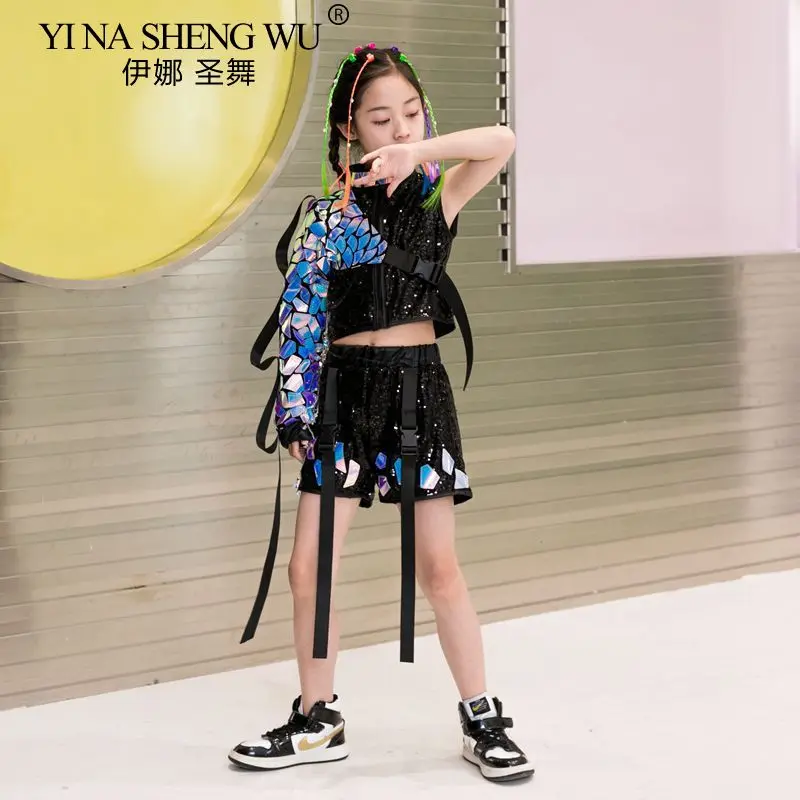 Mode Jongens Meisjes Catwalk Show Outfit Jazzdans Kostuum Moderne Street Dance Kinderen Hip Hop Kids Prestaties Pailletten Set