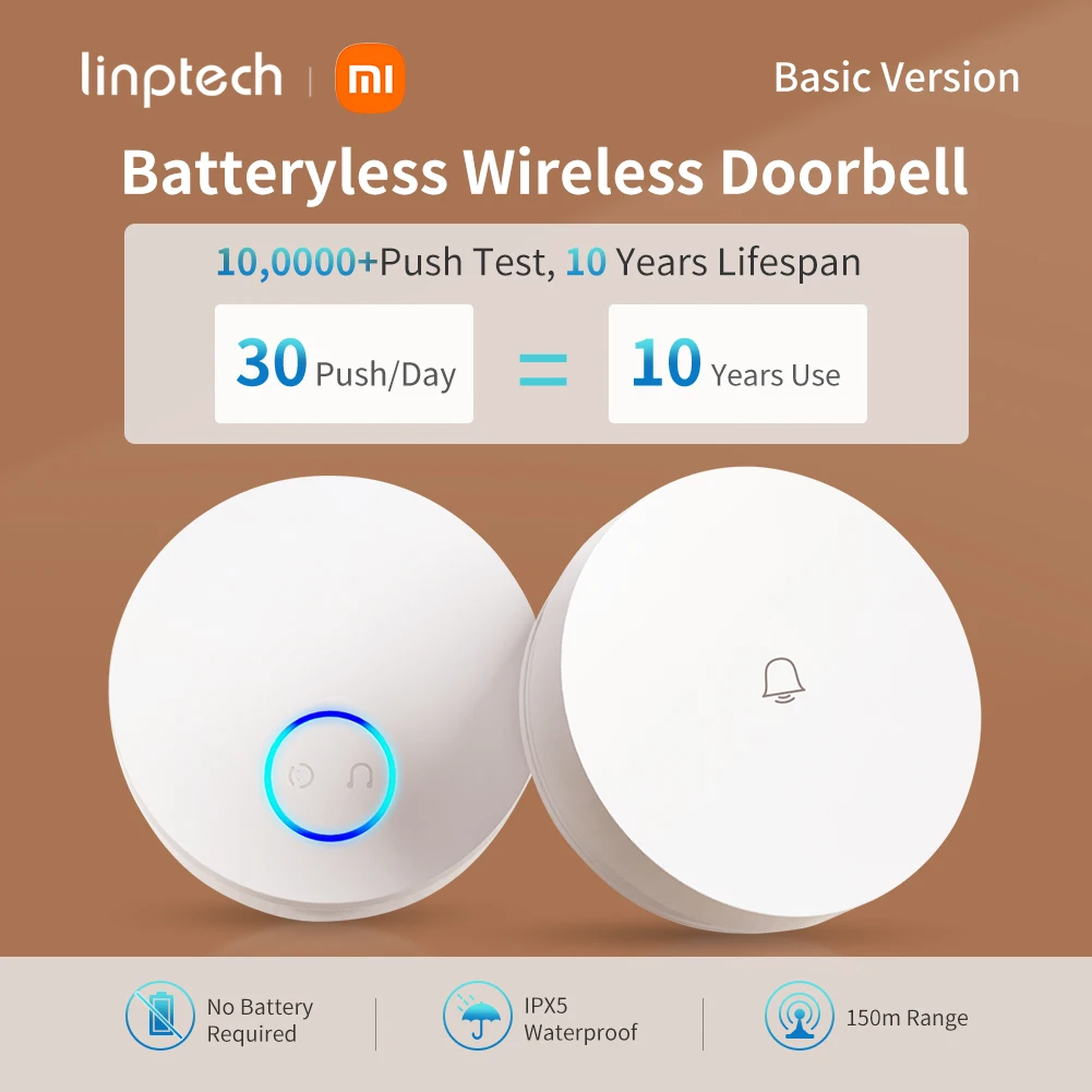 

Linptech Wireless Doorbell G6L,Self-Powered IPX5 Waterproof Button,36 Chimes & 5 Volumes Level,150m Range,0-105dB & Led Flasher