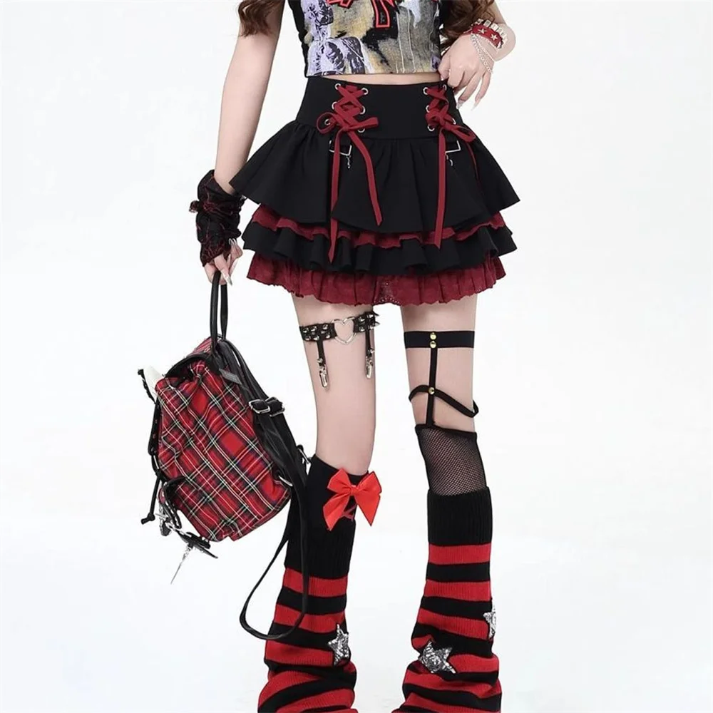 Japońska Lolita, słodka mini spódniczka damska, czarna, czerwona, fioletowa, z wysokim stanem, krótkie spódniczki, Y2k, urocza, seksowna, na ramiączkach, koronkowa spódniczka typu cake skirt.