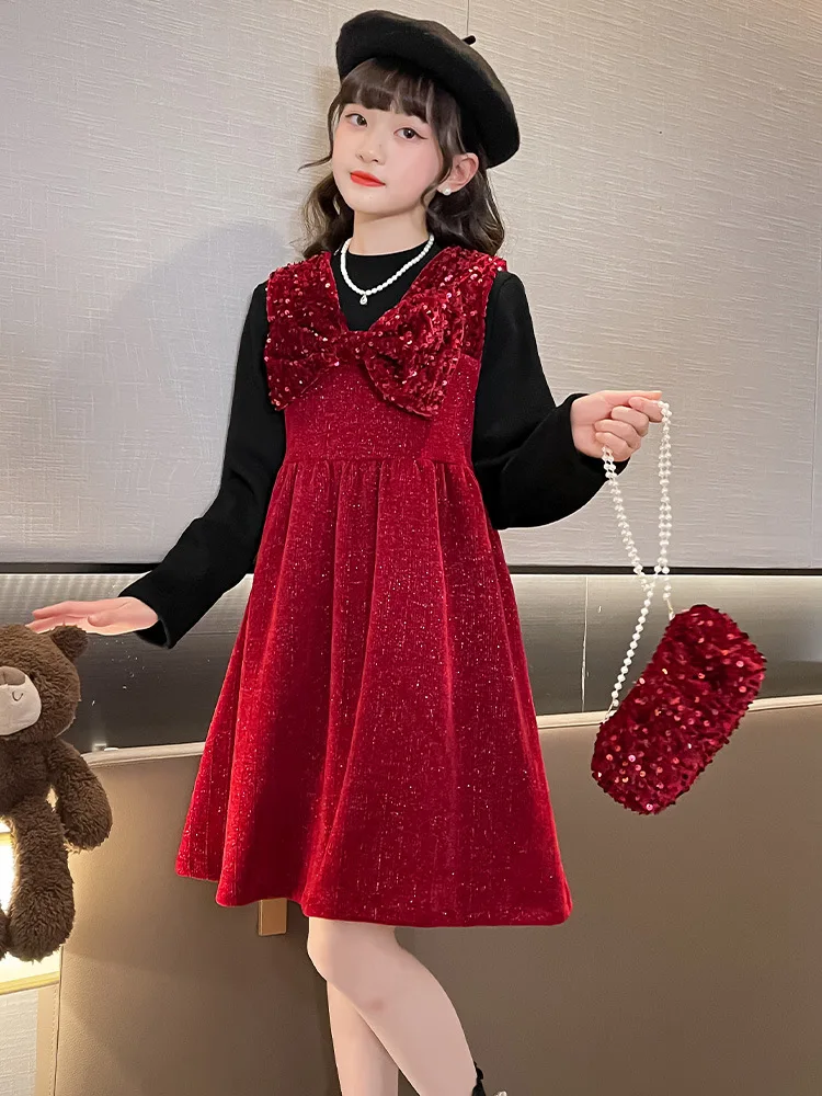 

Girls' Vest Dress Set Stylish Princess Dress Winter Fleece Dress Red New Year Outfit Two-Piece Set Trendy