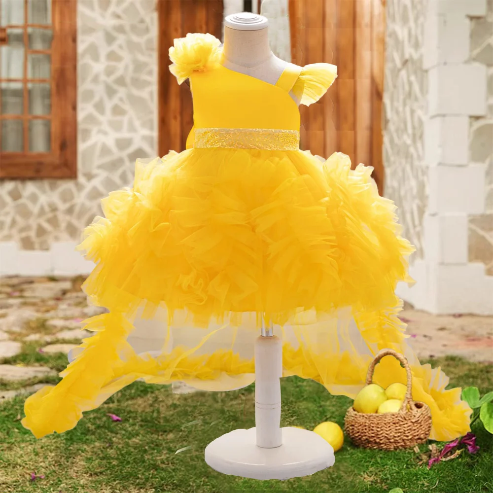 Baby Girls Trailing Party Dress Kids Lace Fluffy Birthday Princess Gown Toddler Girl Fashion Evening Clothing Infant Summer Wear