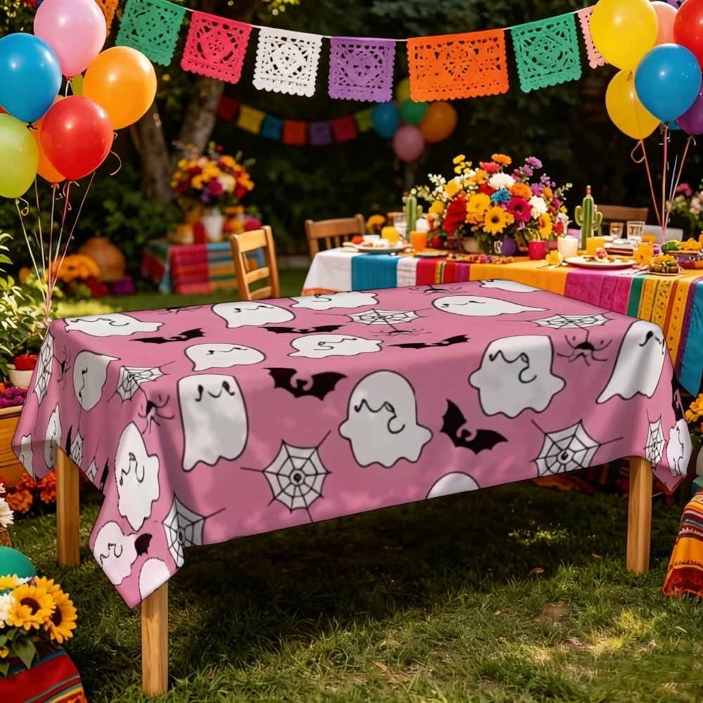 One piece, Halloween spider web pattern tablecloth, in cartoon style, with pink, white and black color schemezyc
