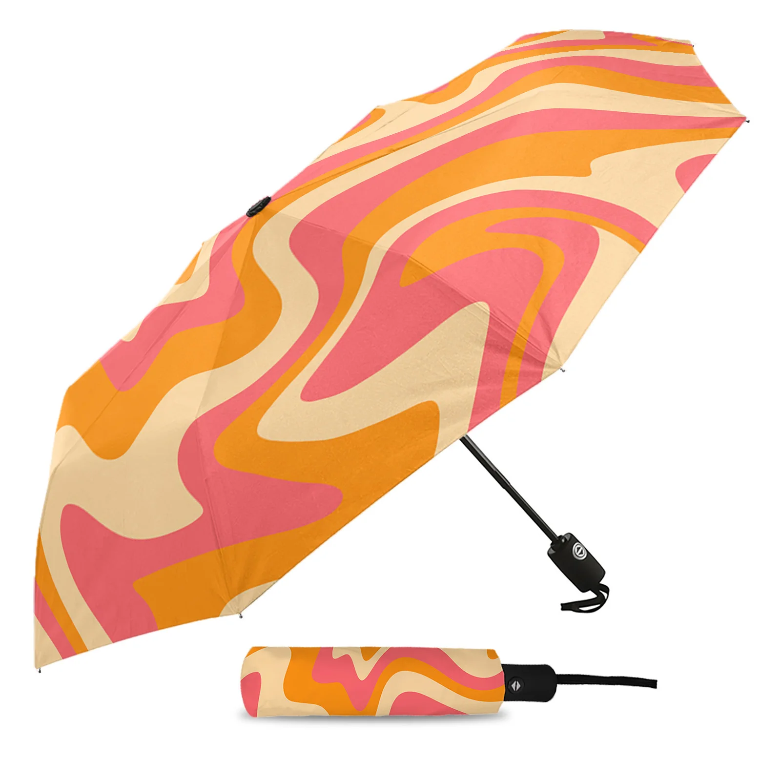 Orange Fluid Art Abstract Texture Automatic Umbrella Travel Folding Umbrella Portable Parasol Windproof Umbrellas