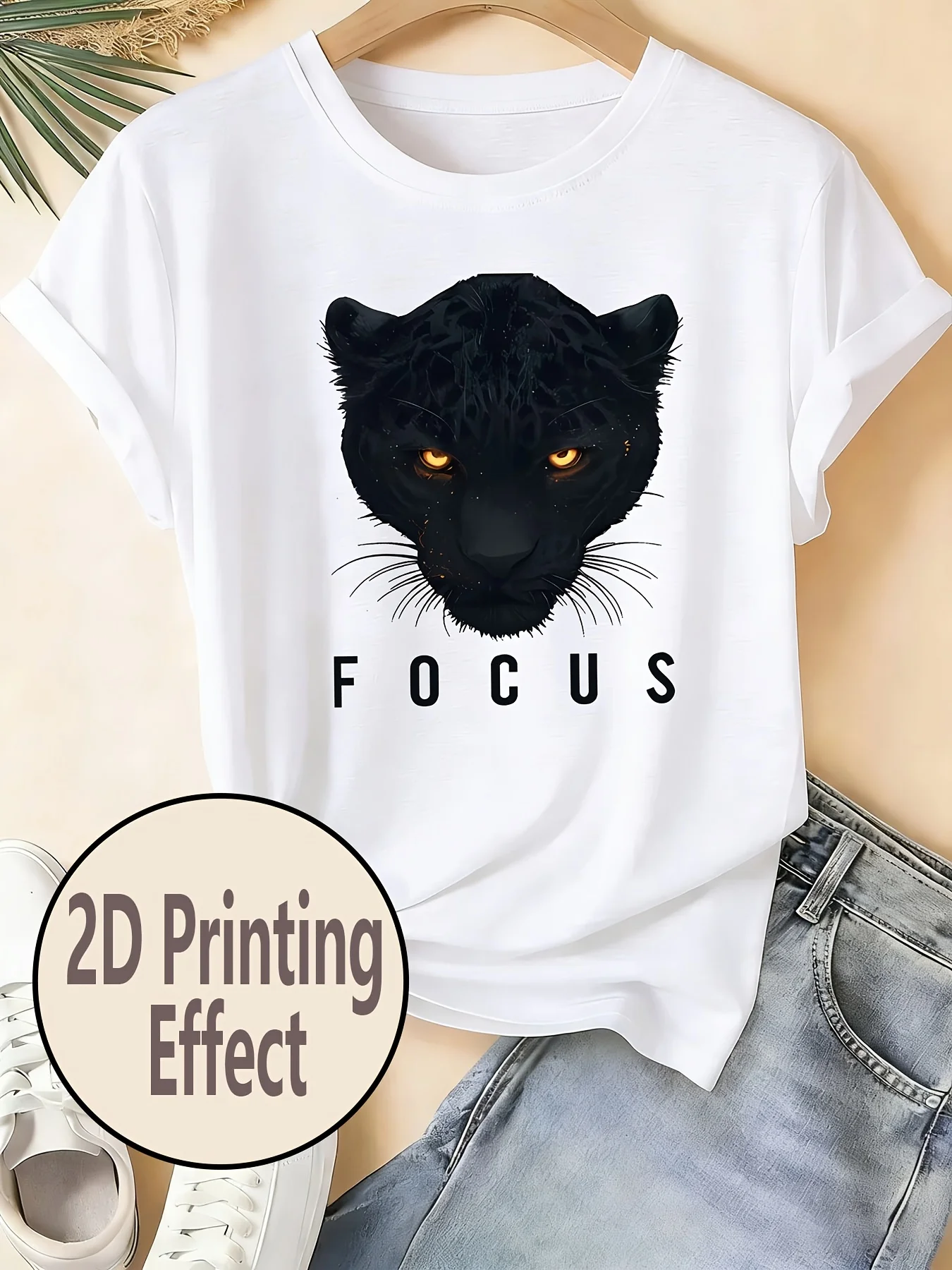 Black Panther Pattern Print T-Shirt with Glowing Eyes Focus Design Casual Crew Neck Short Sleeve Women's Tops Clothes Outfit 90s
