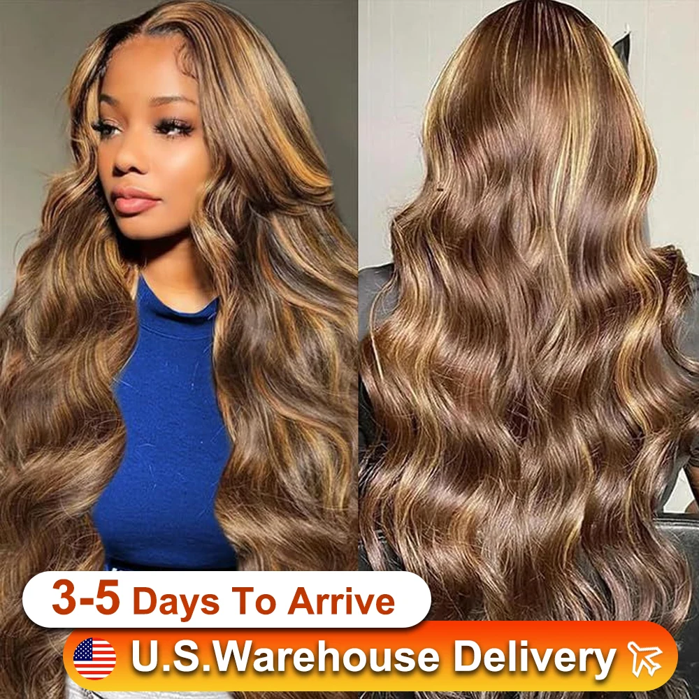 4/27 Hoogtepunt Ombre Blonde 180 Dichtheid Body Wave Pruiken Menselijk haar 13x4 HD Transparant Kant Frontale Pruik Krullend Voor Vrouwen 36 Inch