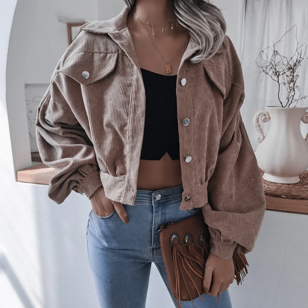 Autumn Winter Women's Corduroy Fashion Short Coat Turn-Down Solid Color Lantern Long Sleeve Single Breasted Casual Women Coat