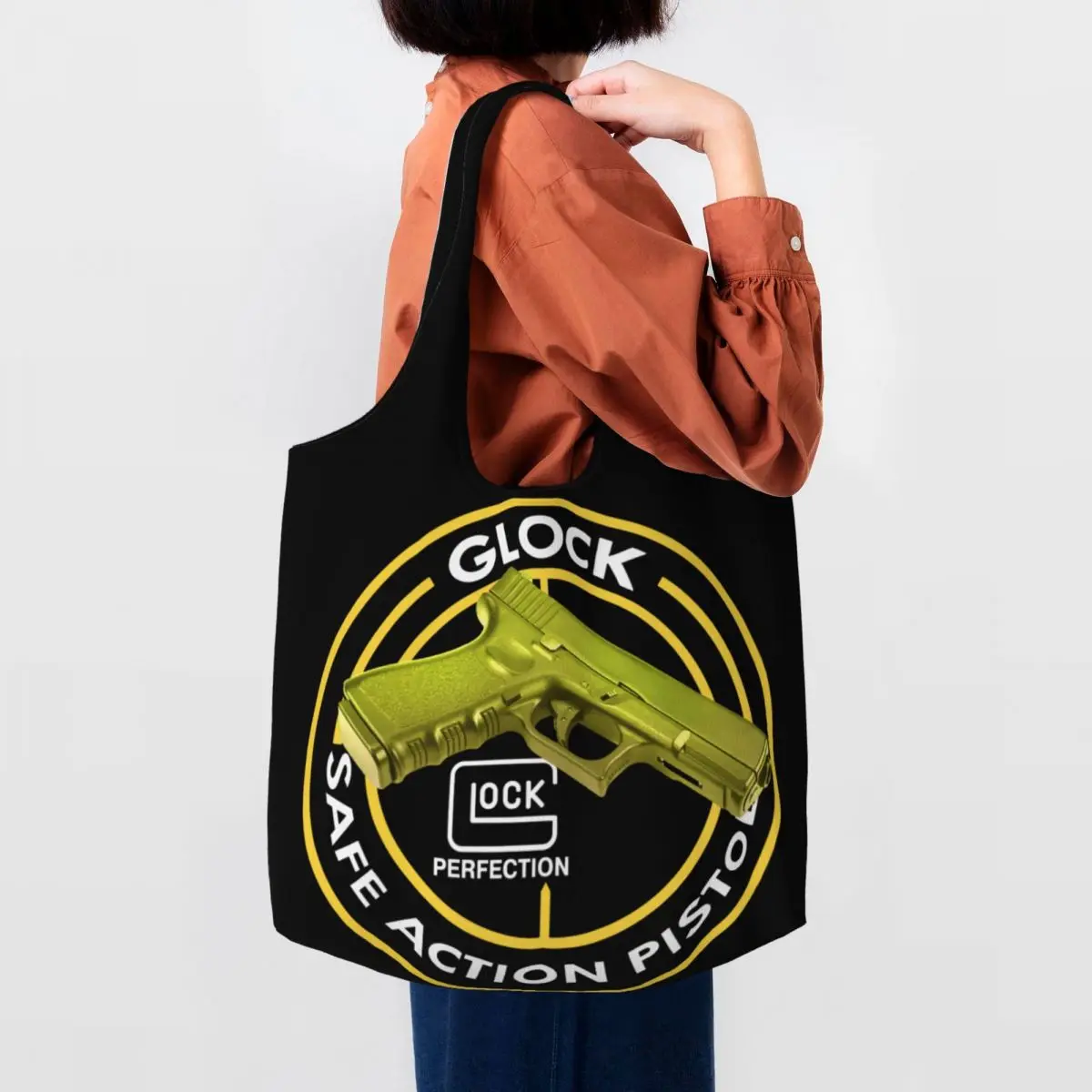 Kawaii Glocks Shopping Tote Bags Recycling USA Handgun Pistol Logo Groceries Canvas Shopper Shoulder Bag Photography Handbag