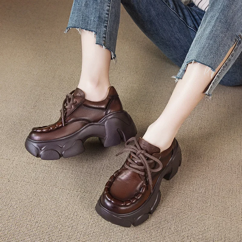 Fujin 7cm Fashion Autumn Spring Casual Ladies Shoes Sneakers Women Genuine Leather Platform Wedge Super Thick Female Moccasin