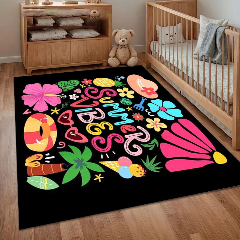 Area Rug Carpet Non Slip Summer Vibes Tropical Element Collage Floor Mat for Bedroom Living Room Kids Room Home Decor Dorm Gift