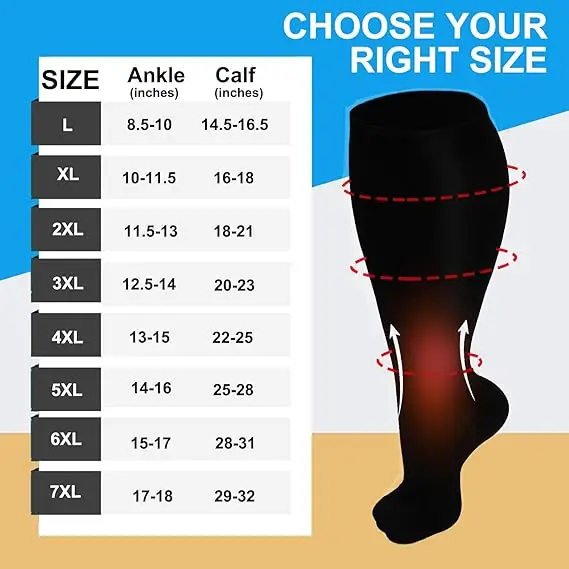 1Pair Plus Size 2XL-7XL New Compression Socks Unisex Wide Calf Knee High Compression Stockings Support for Circulation Nurses