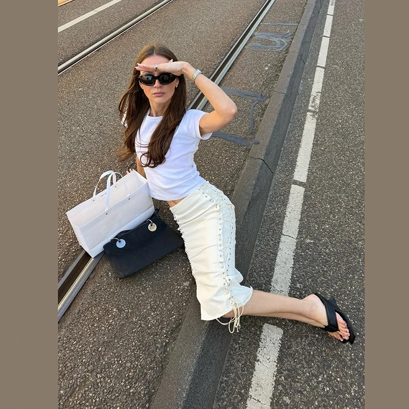 Women Double Side Lace Up Midi Skirt Metal Eyelet Crisscross Tie Bodycon Pencil Skirt Slim High Waist Streetwear Mid Calf Skirt