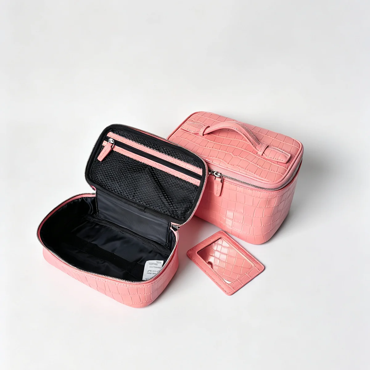 Geprägter Kosmetikbeutel aus Leder mit Krokodil-Optik, großer Stauraum, mehrere Taschen, Handtaschen-Organizer für Toilettenartikel, Reise, rosa Ausführungen. – Detail 17