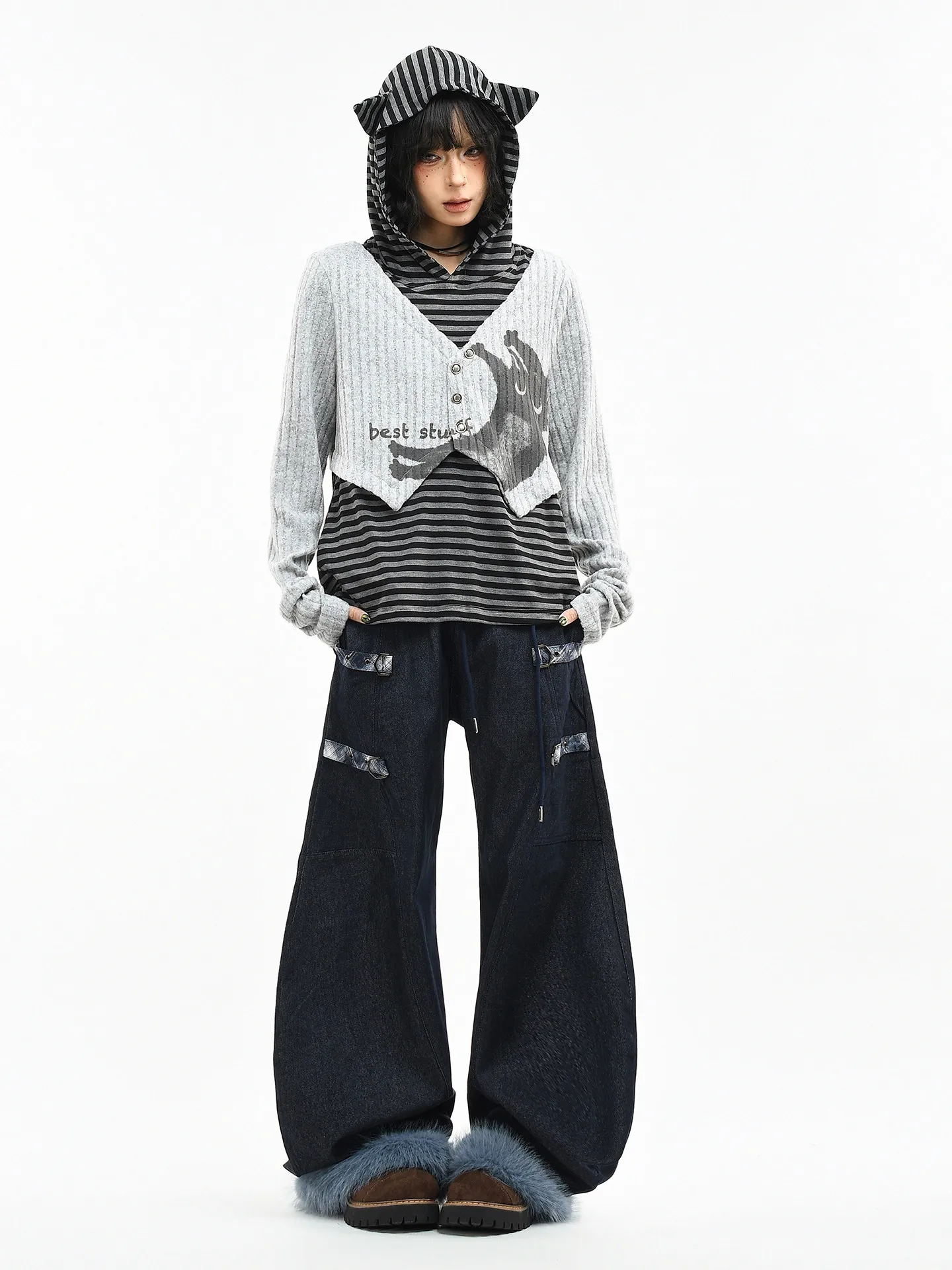 Japanese Subculture Y2k Striped Cat Ears Splicing Long-sleeved T-shirt Women's Spring Short Fake Two-piece Hooded Top Trendy