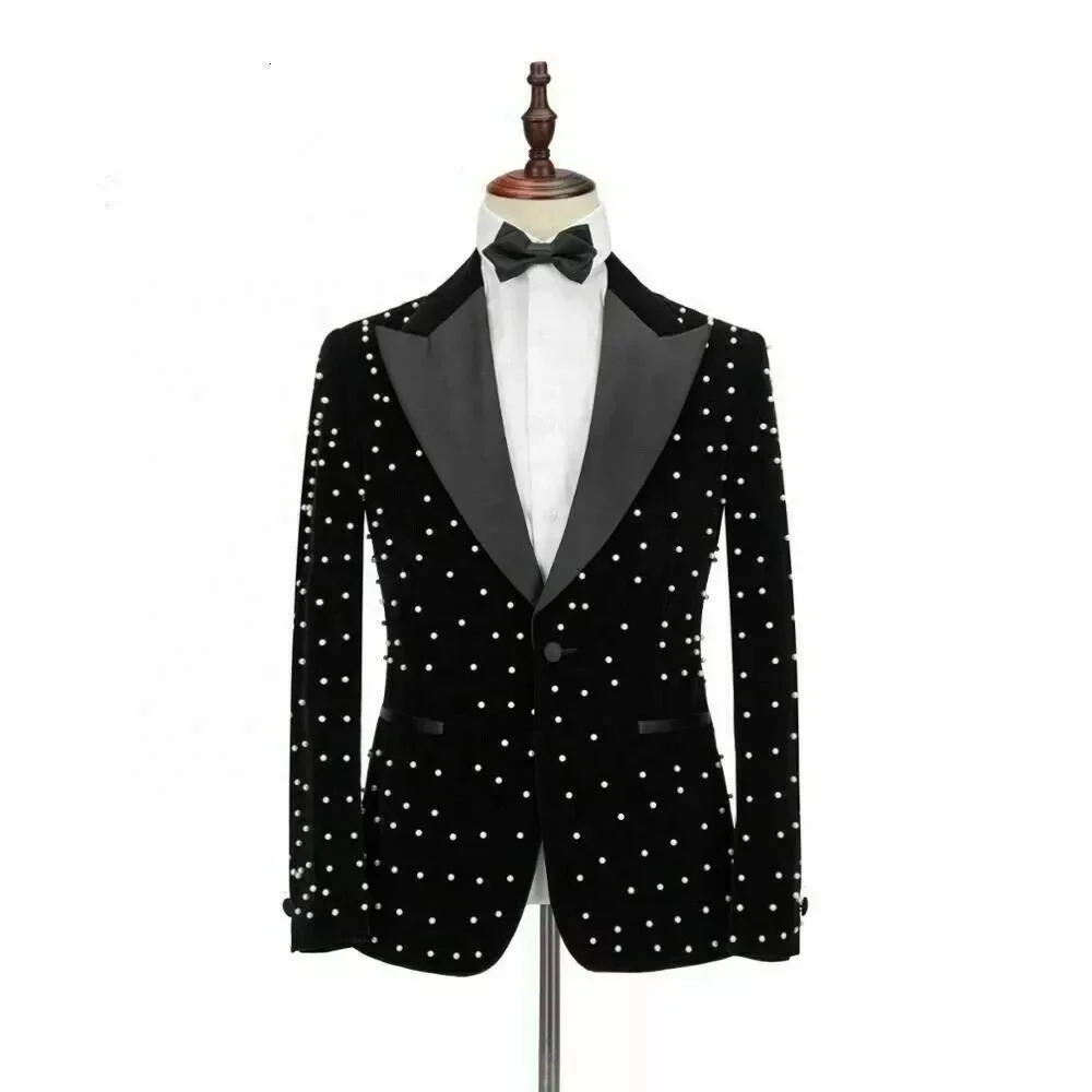 

Crystal Beading Black Velvet Jacket Men Suits Costume Homme Groom Tuxedos Wedding Terno Masculino Slim Fit 1 Pieces Party Blazer