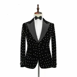 Crystal Beading Black Velvet Jacket Men Suits Costume Homme Groom Tuxedos Wedding Terno Masculino Slim Fit 1 Pieces Party Blazer