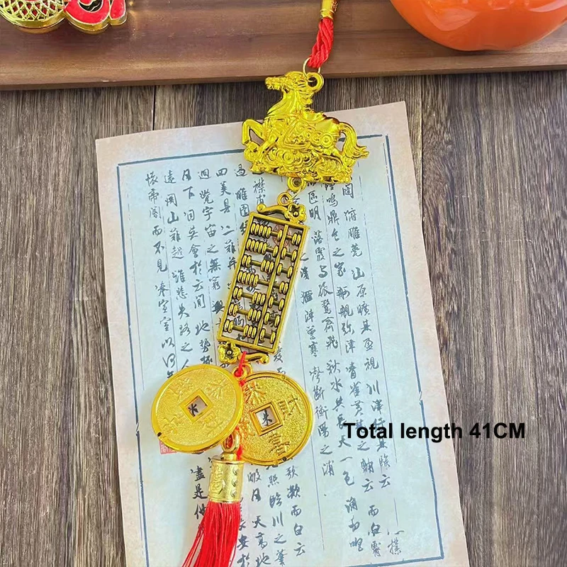 {MX} Gold Plated Horse Zodiac Pendant With Lucky Coin Chinese New Year Ornament Green Plant Potted Hanging Charm Lucky Gift