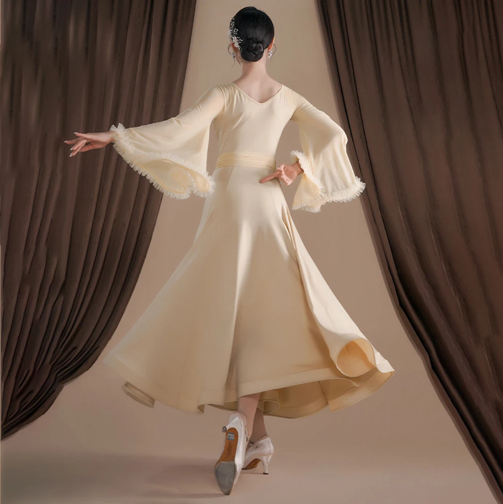 Elegant Waltz Women's Dance Wear Three-Dimensional Flower Ballroom Dance Training Wear Long Sleeve Pink Black Fashion New Dress view 4