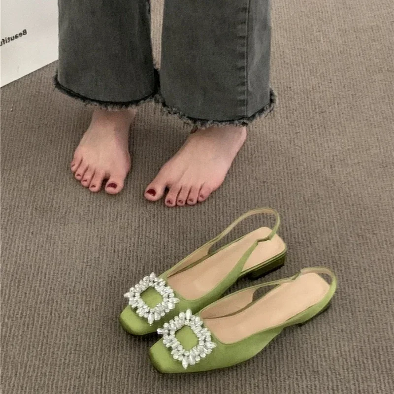 New 2024 Classic Elegant Slingback Sandals Women Rhinestone Buckle Back Strap Flat Ballet Design Shoes Brand Mule Office Mujer