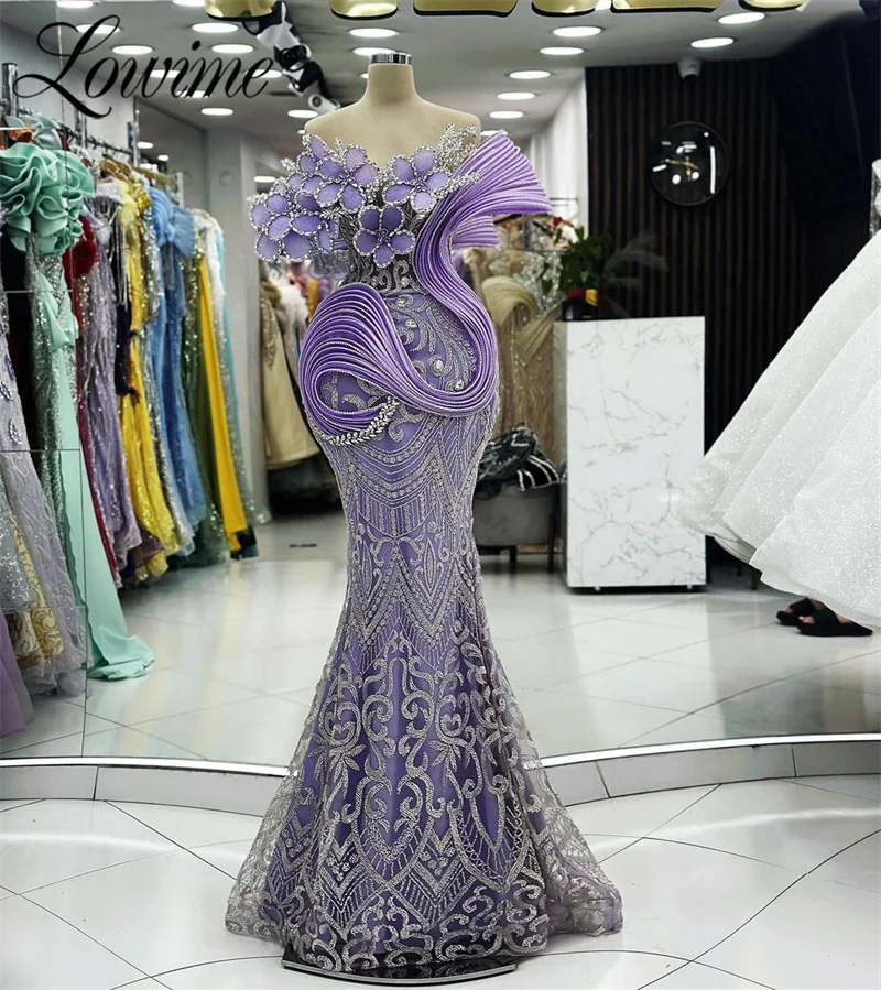 

2024 Aso Ebi Crystals Purple Prom Dresses 3D Flowers Mermaid Evening Gowns Arabic Birthday Engagement Wedding Party Dress Robe