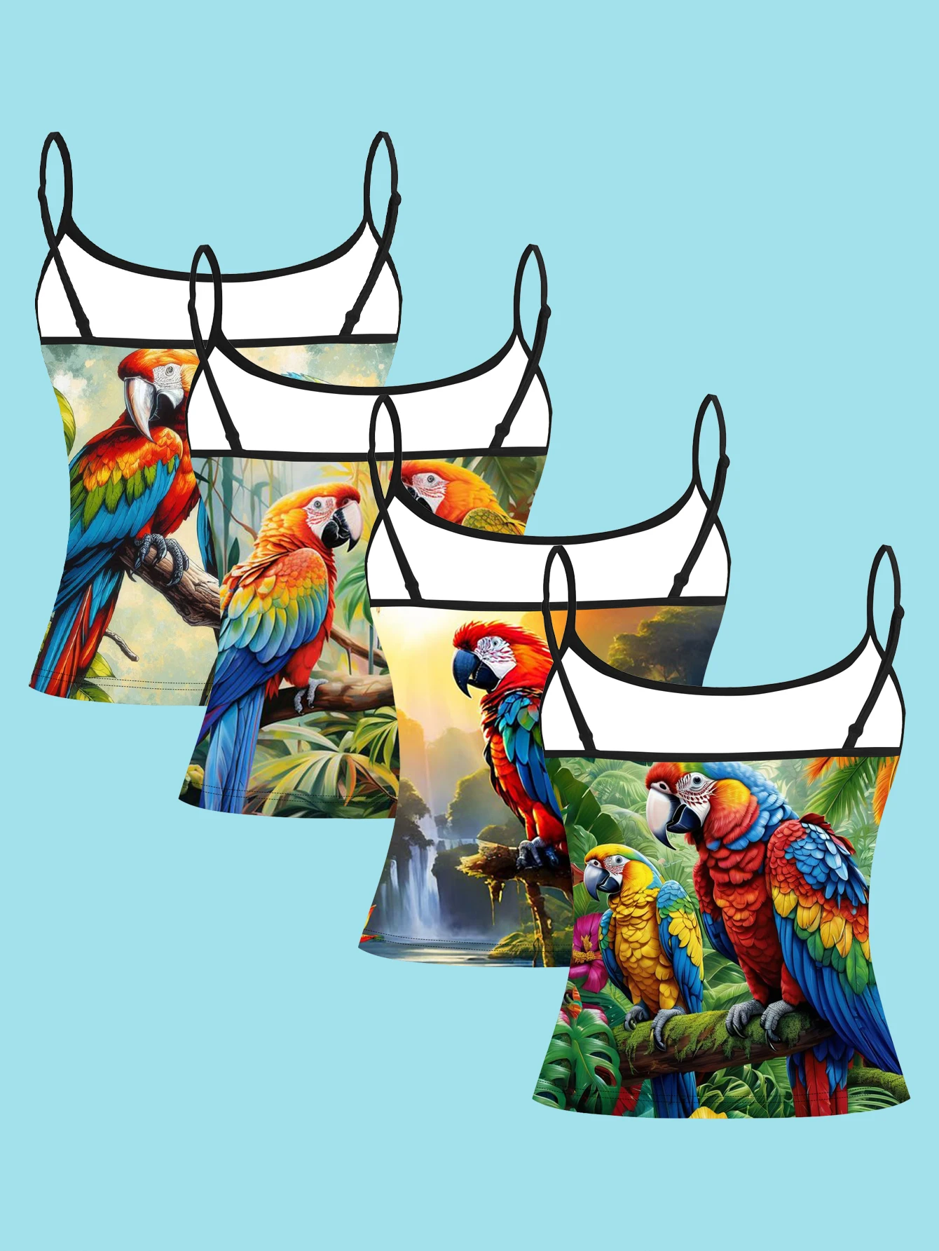 4-Piece Set of Sunset Landscape Macaw Print Camisole Set, Colorful Bird Tropical Green Plant Women's Spaghetti Strap Inner Layering Top