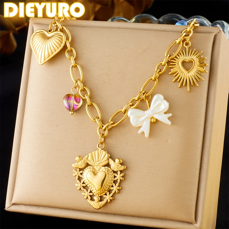 

DIEYURO 316L Stainless Steel Golden Alien Lrregular Heart Necklace For Women New Fashion White Bowknot Neck Chain Jewelry Gift