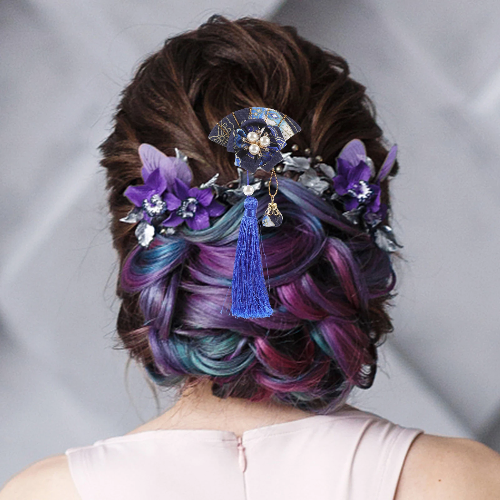 

Festival Fan Headdress Hair Card Flower Tassel Hairpin Metal Japanese Clip Miss