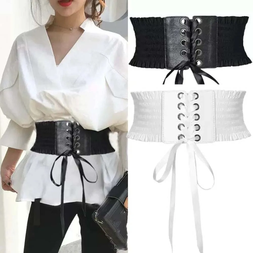 Fashion Adjustable Elastic Pleated Cummerbunds Polyester Strap Rope Wide Corset Waistband PU Soft Elastic High Wide Belt Gift