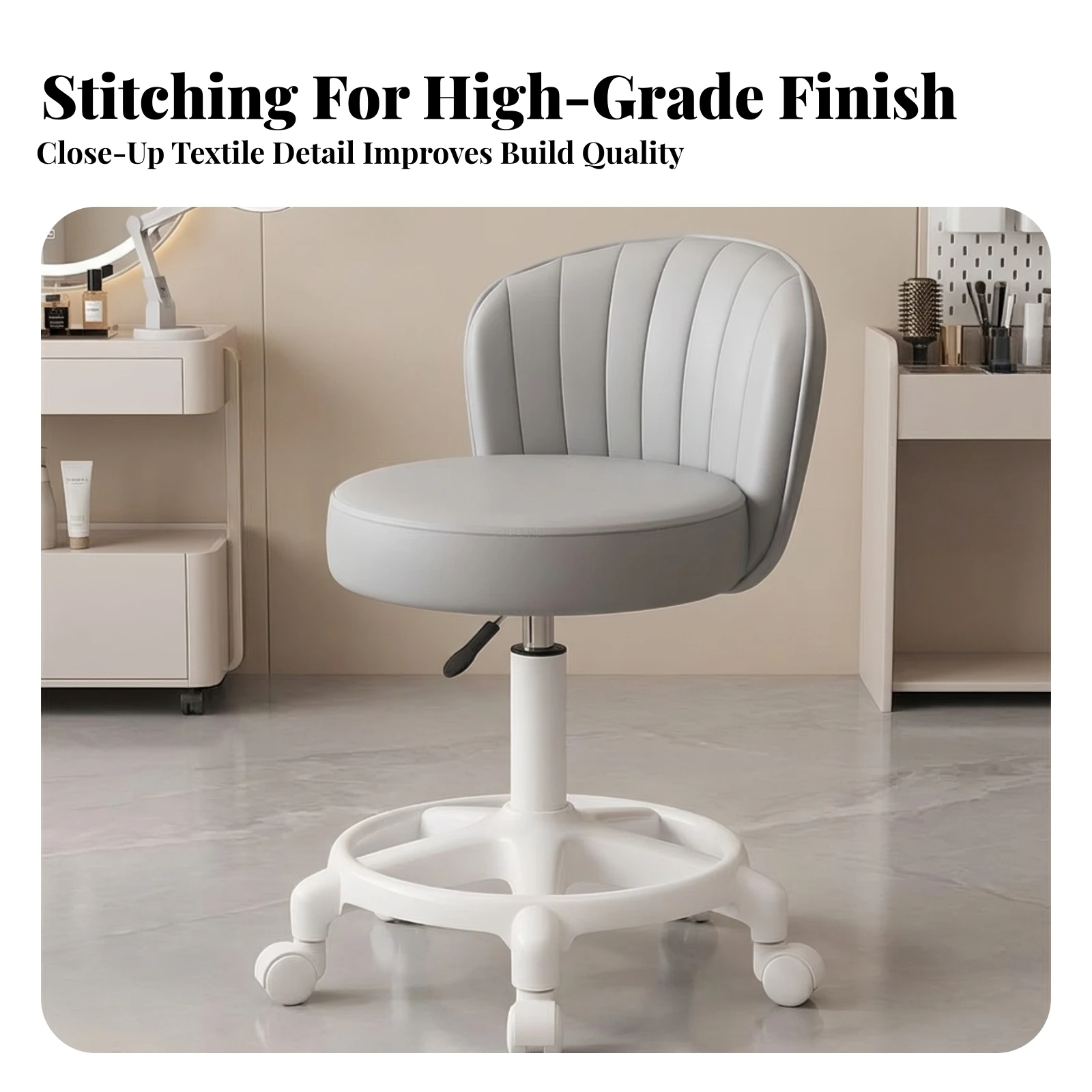 Rolling Stool with Backrest Upholstered Round Rolling Stool Adjustable Vanity Chair Cushioned Chair with Backrest Compact