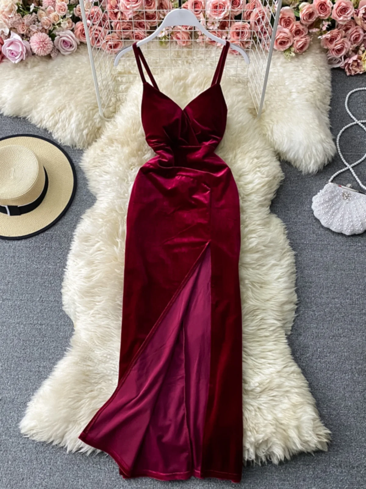 Deep V-Ne Velvet Wrap Dr Night Club da donna Abito da sera ingombrante in vita Lungo Dr Taglio basso Bal Strapl Dr