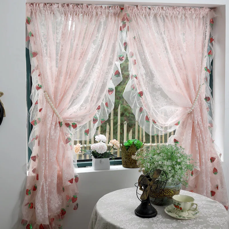 French Pink Floral Jacquard Drape with Sequined Strawberry Ruffled Lace Light Filtering Tulle Curtain For Kitchen,Small Window