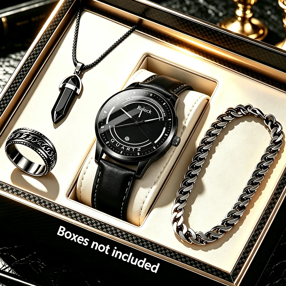 4Pcs/Set Luxury Men's Watch & Accessory Set, Business Casual Watch, Fashion Round Dial, Classic Strap,, Anniversary