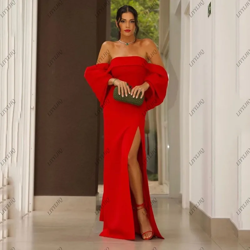 LIYYLHQ Saudi Arabic Red Prom Dresses Sexy Side Split Off The Shoulder Mermaid Satin Prom Party Gown Formal Occasion Dresses