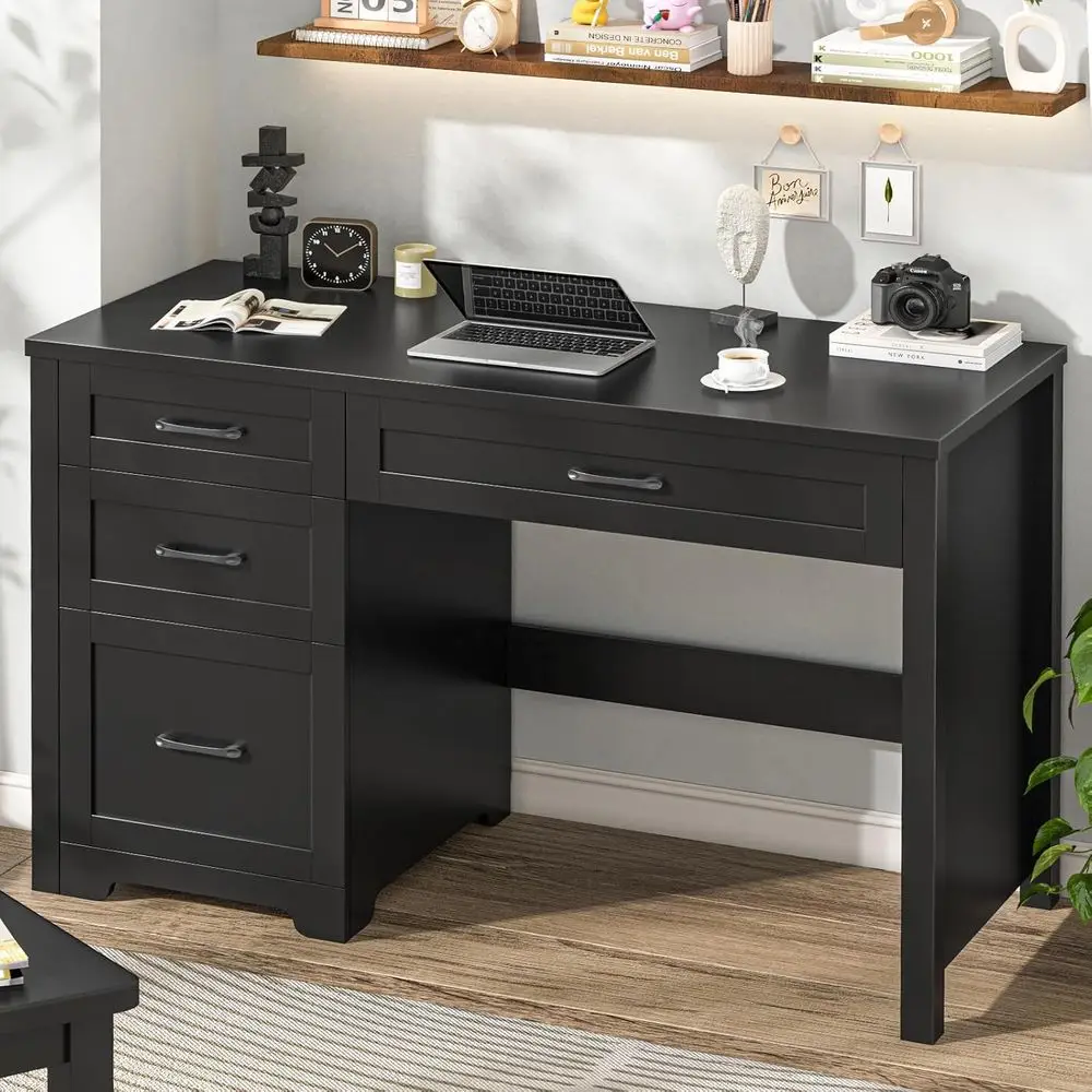 

47 Modern Desk for Executives, Work or Home Office, Study, Writing - Black Wooden Computer Desk with 3 Drawers